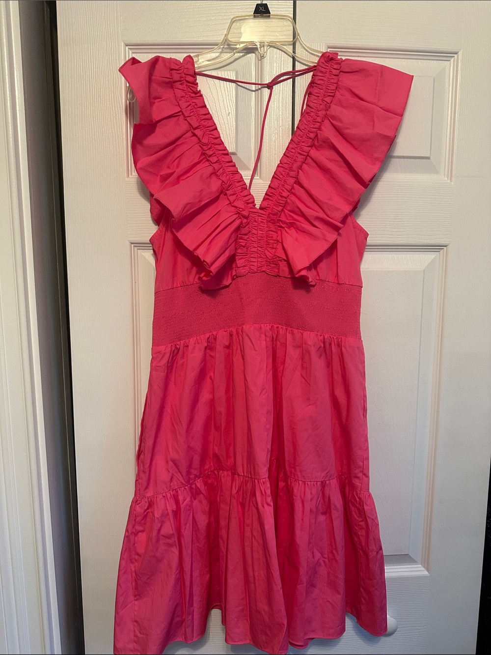 Adrianna Papell Hot Pink Ruffle V-Neck Tiered Midi Dress